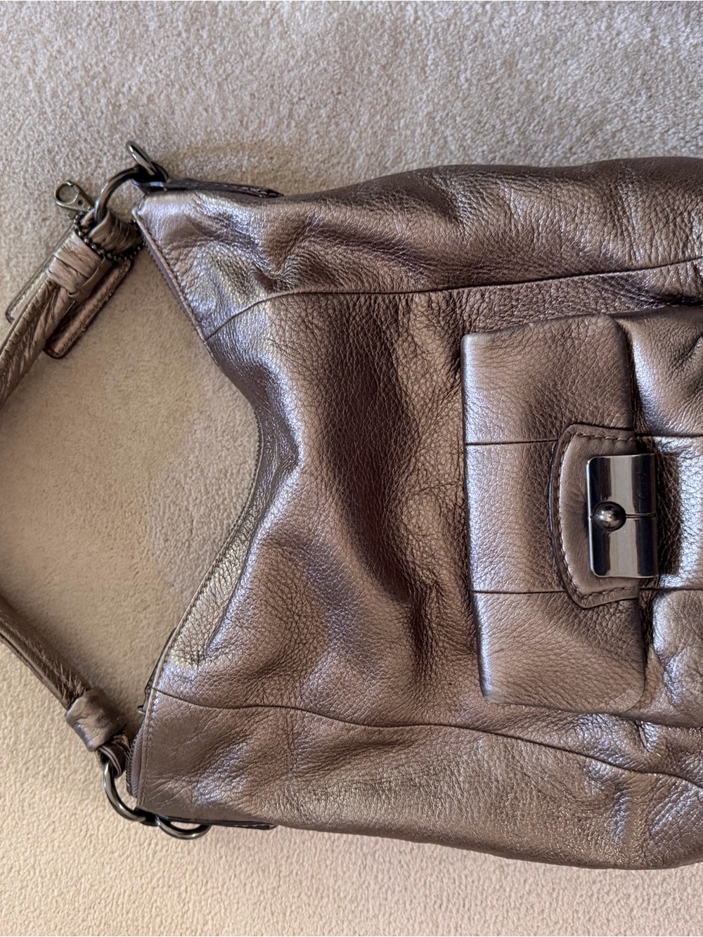 Coach Metallic Taupe Leather Handbag with Clasp Bag Charm
